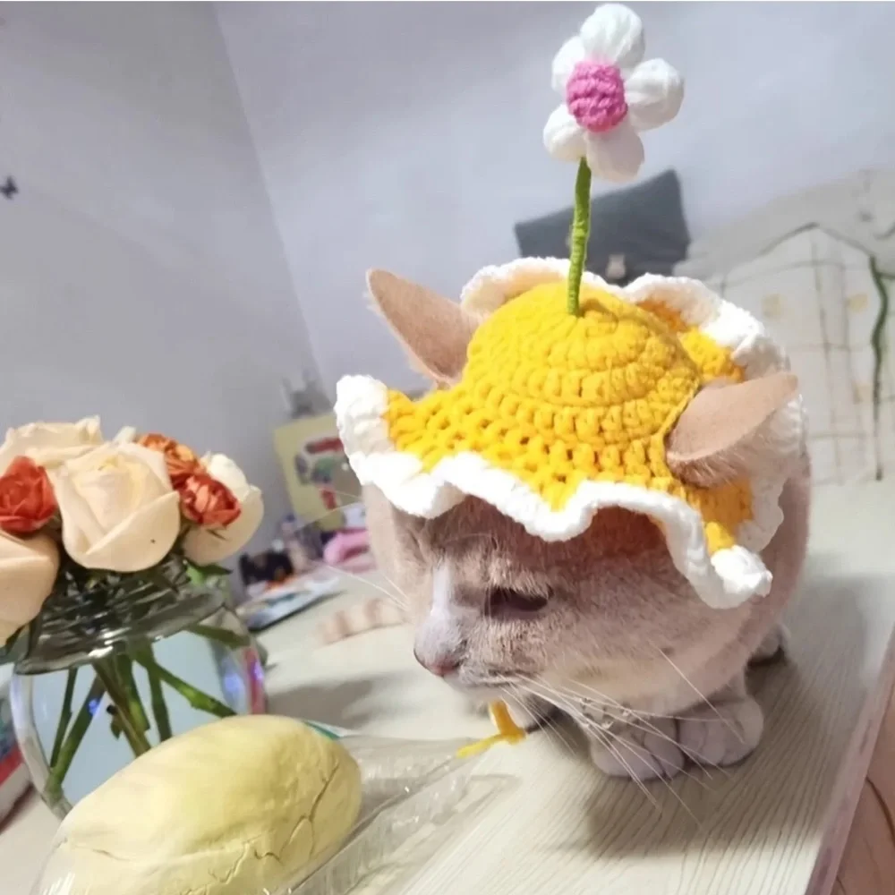 Cat or Dog Crochet Ruffle Sun Hat with Flower - Yellow and White